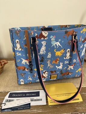 Dooney & Bourke Blue Disney Dogs Print Tote with Pink-Trim Handles